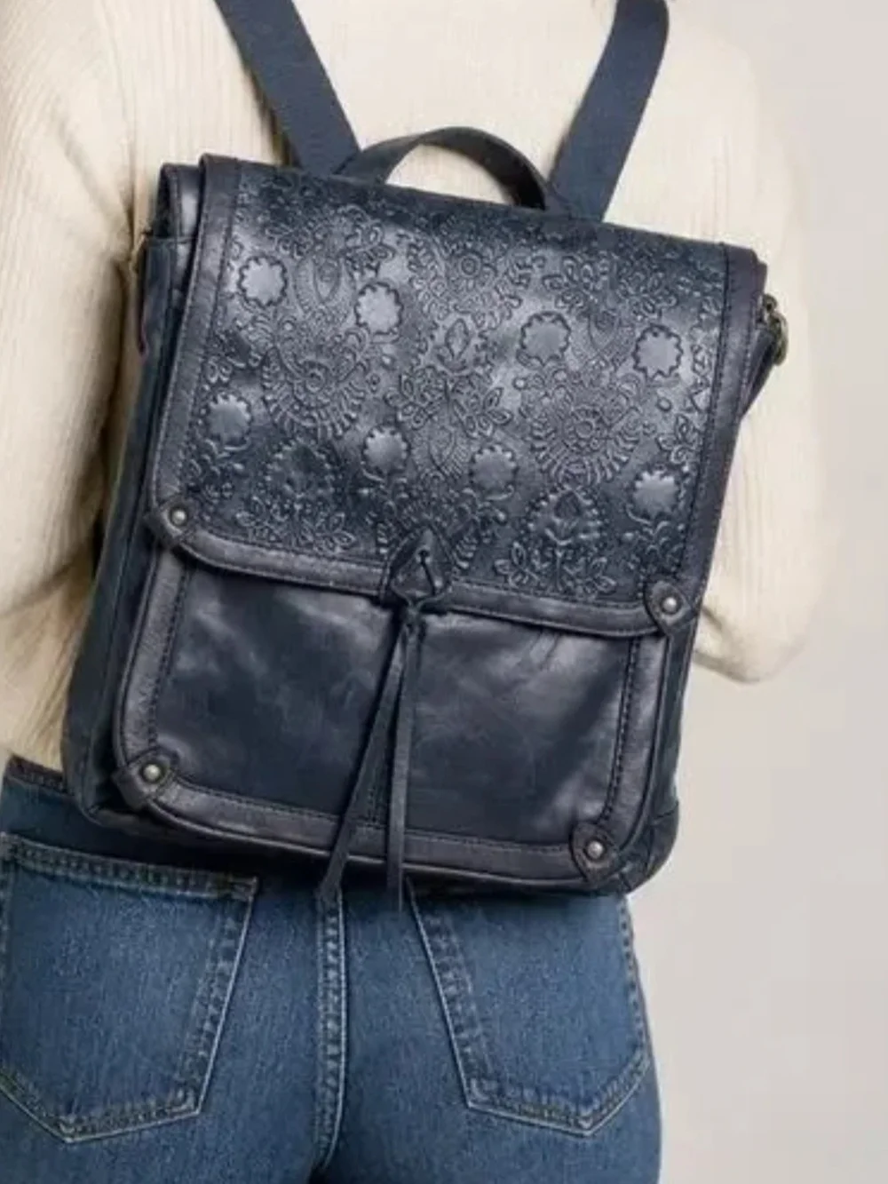 The Sak Ventura II Convertible Backpack Indigo Blue Leather Floral Embossed Bag